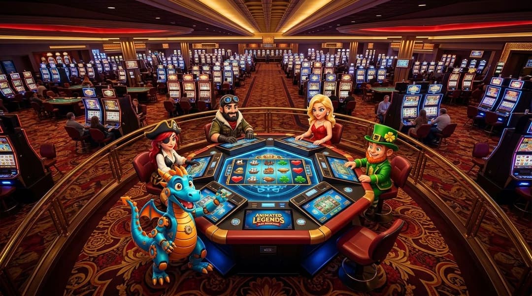 A vibrant casino scene featuring a colorful mascot at a branded slot game table.