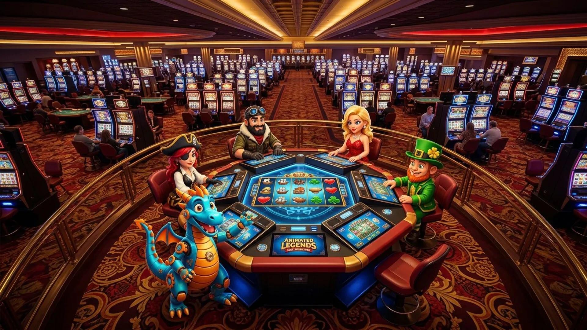 A vibrant casino scene featuring a colorful mascot at a branded slot game table.