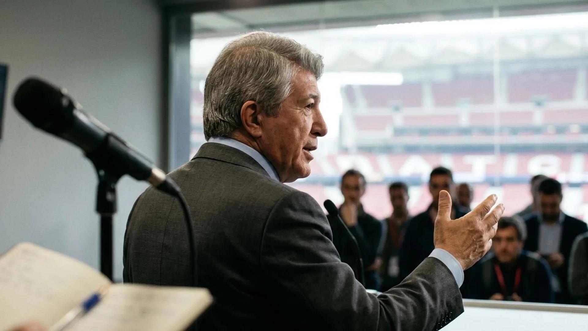 Enrique Cerezo snakker på en pressekonferanse med en over-the-shoulder vinkel.