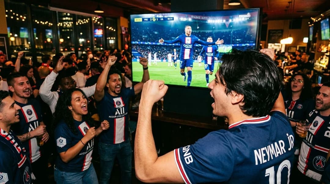 En gruppe fotballfans ser på en PSG-kamp i en sportsbar, med fokus på en fan fra over skuldrene deres.