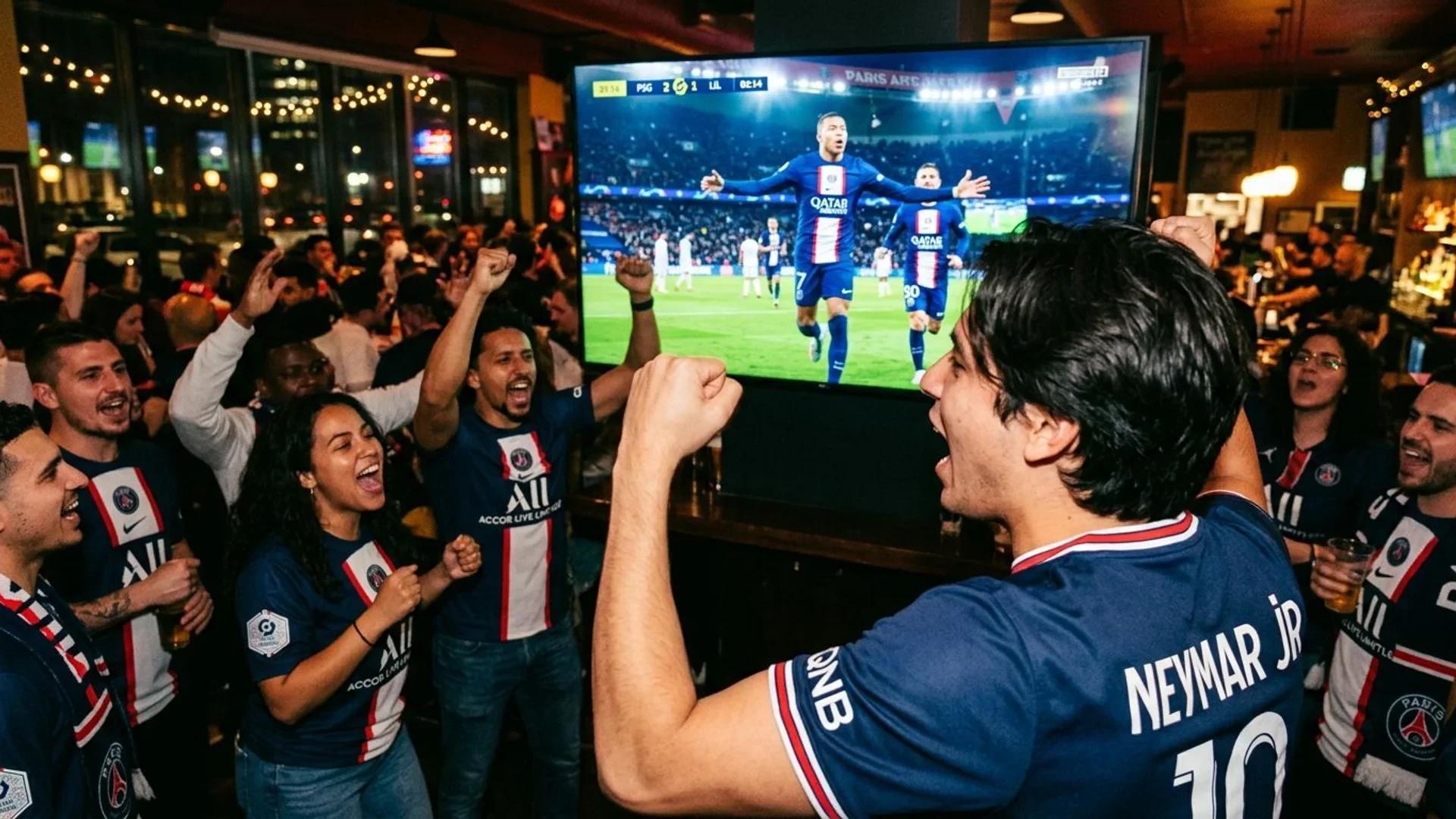 En gruppe fotballfans ser på en PSG-kamp i en sportsbar, med fokus på en fan fra over skuldrene deres.