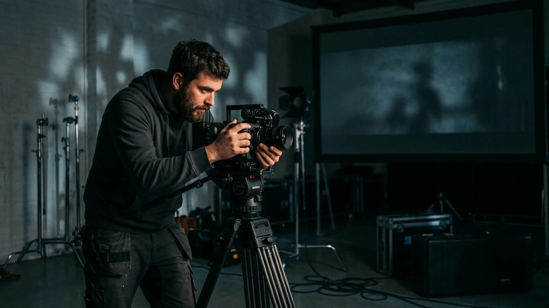 A crew member adjusting a camera in a dimly lit studio, illuminated by a spotlight.