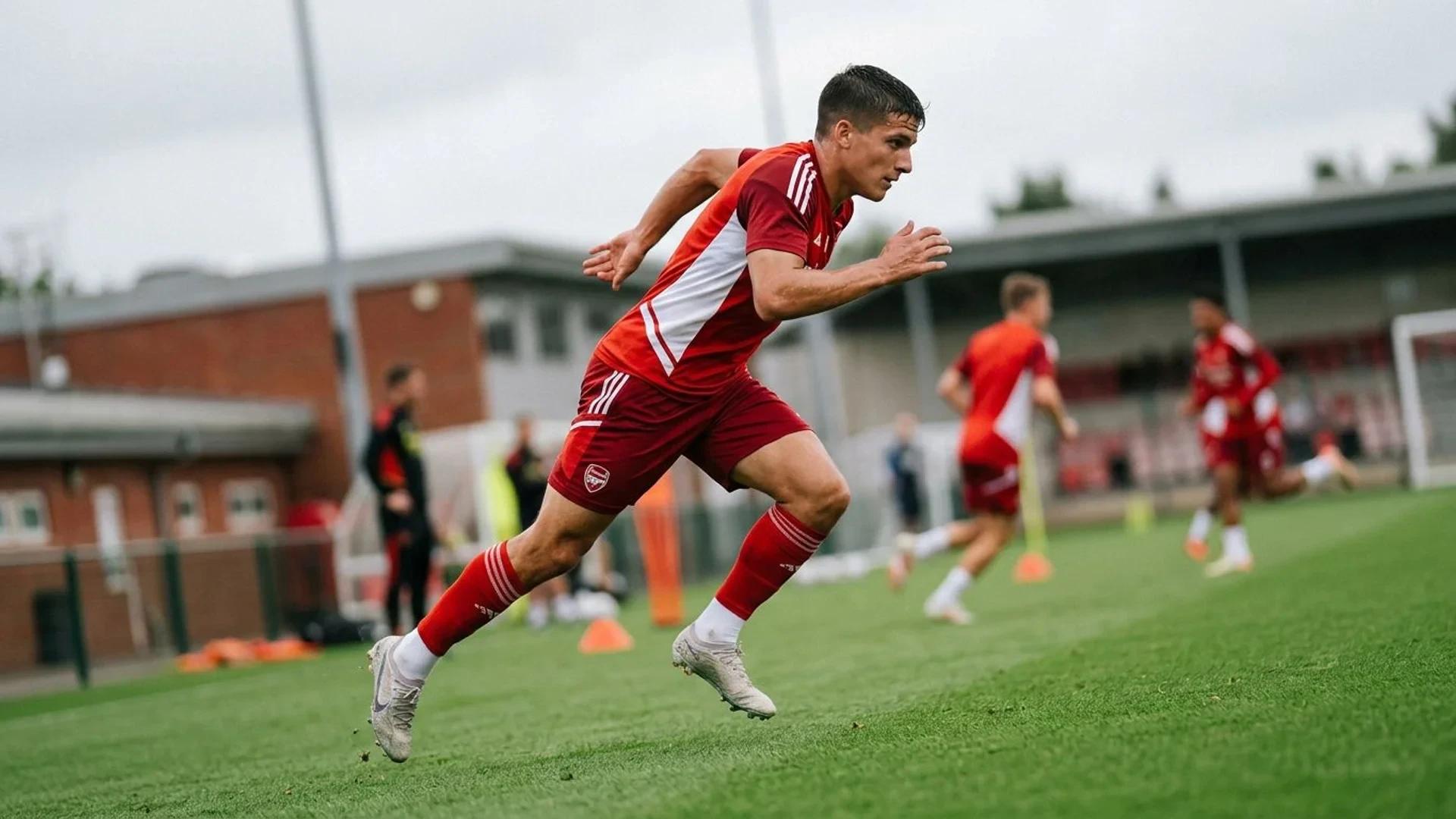 Christos Tzolis running on a training pitch in an Arsenal training session.