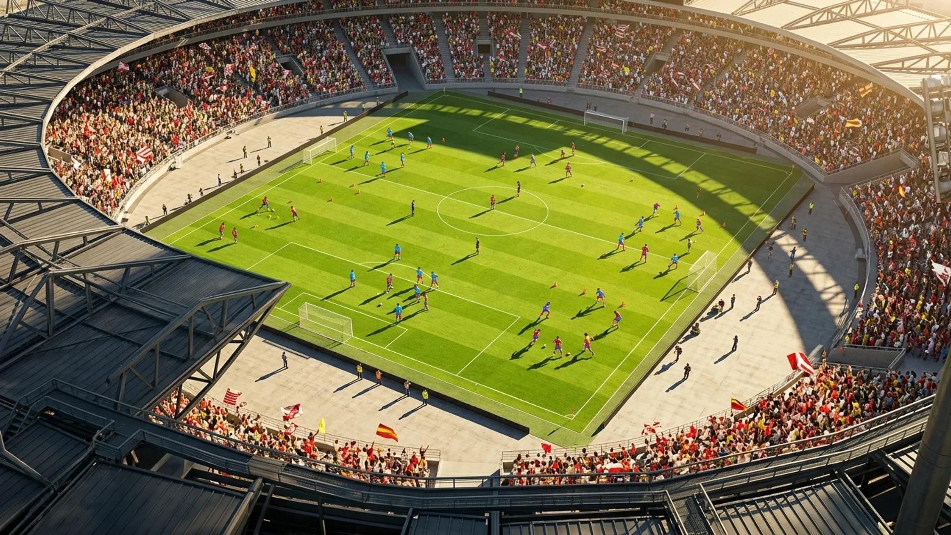 Aerial view of a football stadium with players training on the pitch, surrounded by a cheering crowd.
