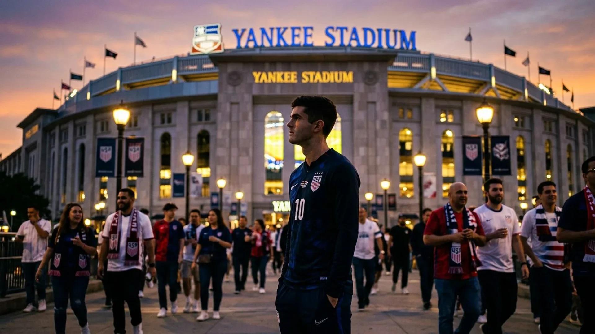 Christian Pulisic in front of Yankee Stadium during sunset, contemplating his future.