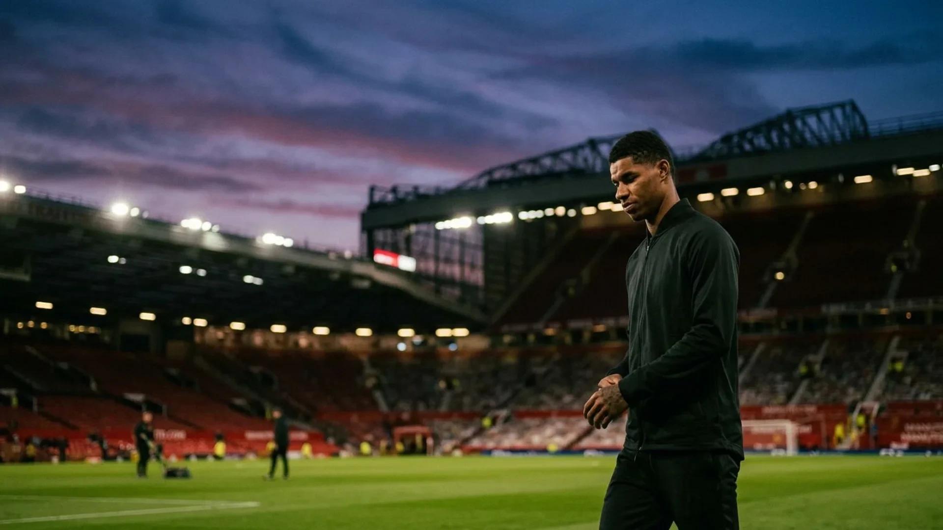 A pensive Marcus Rashford stands in front of Old Trafford during blue hour.