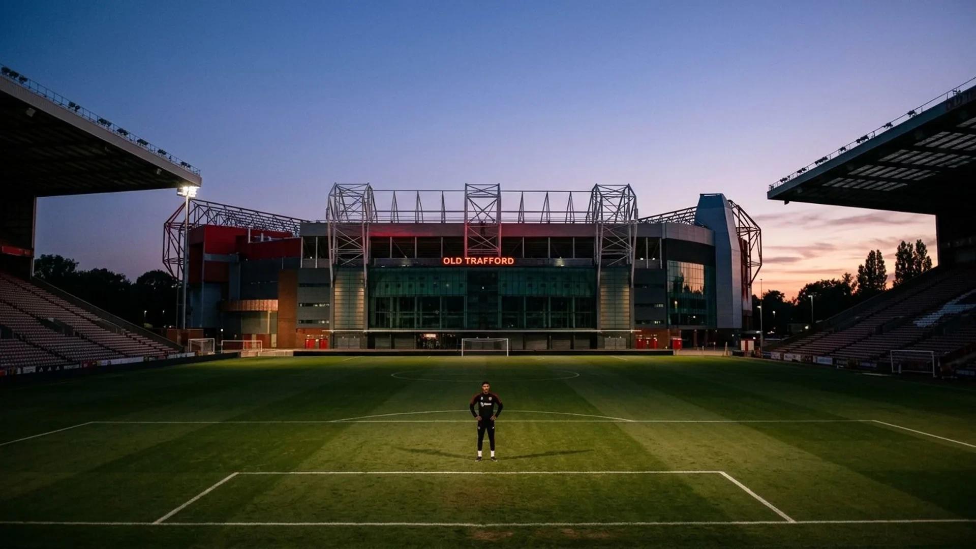 A wide shot of Old Trafford during blue hour, with Marcus Rashford standing in the foreground, looking contemplative.