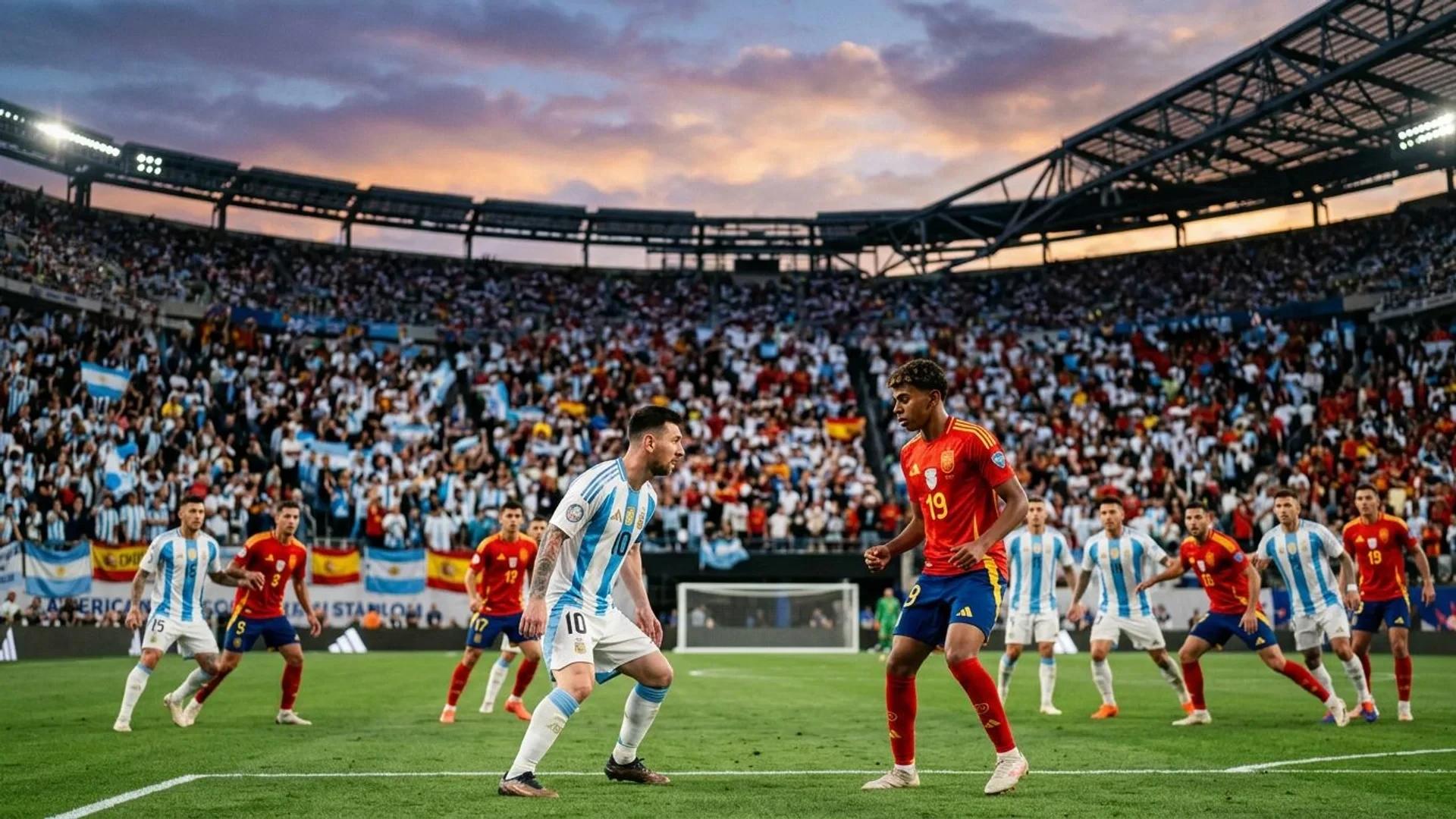 Messi and Yamal facing each other on the football field during the World Cup Final.
