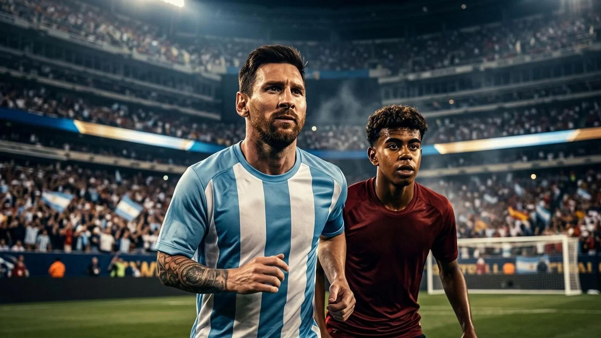 Lionel Messi and Lamine Yamal in action during the World Cup final, captured in dramatic lighting.