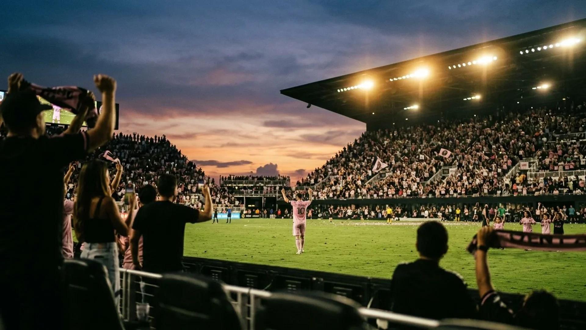 Lionel Messi celebrating on the football field during dusk.