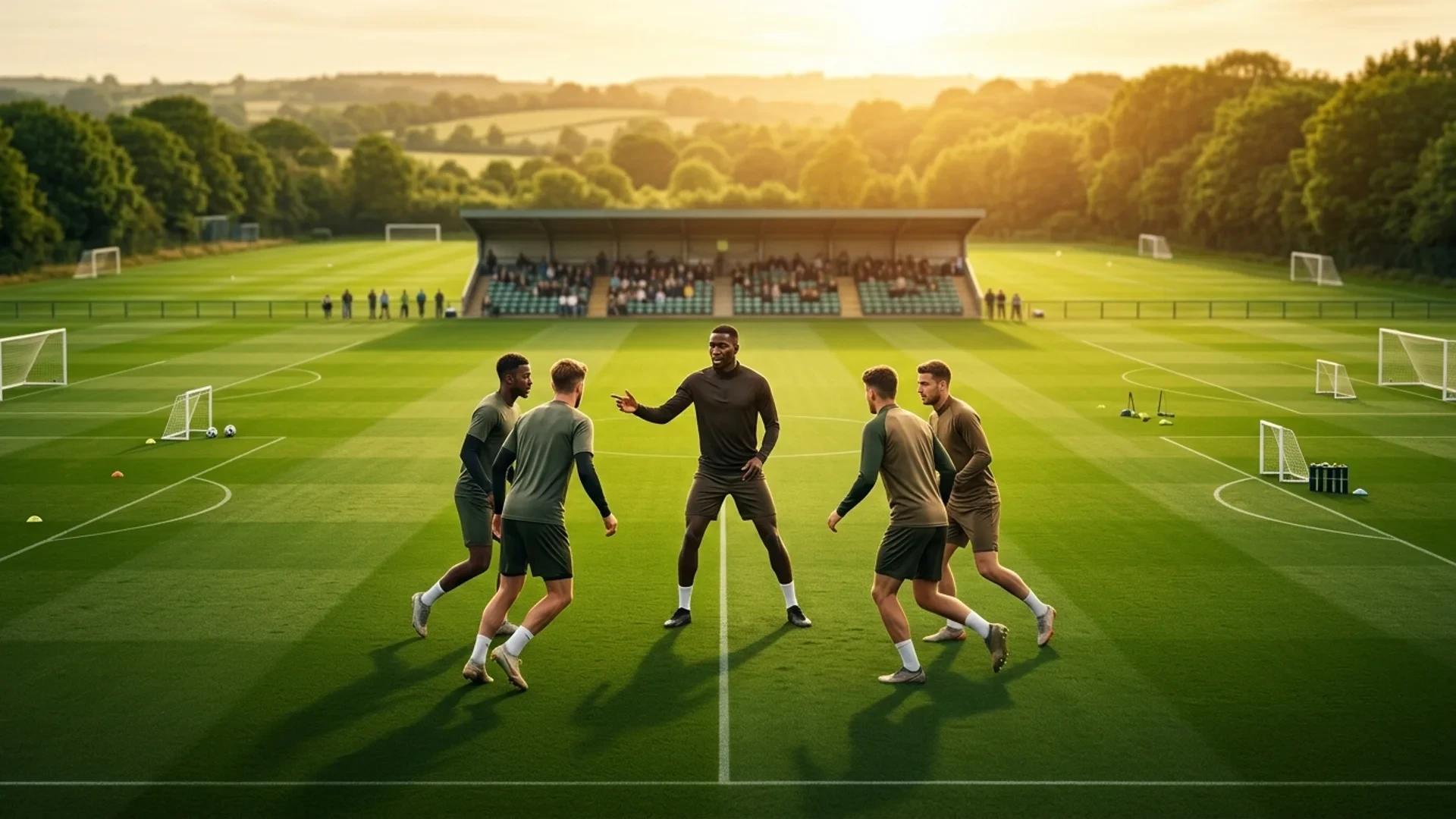 A wide shot of a football training ground with players engaged in a drill, focusing on a central player.