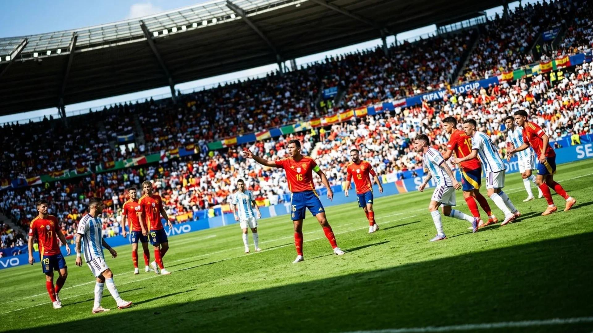 En fotballkamp under VM-finale med Rodri som kaptein for Spania, fanget fra avstand.