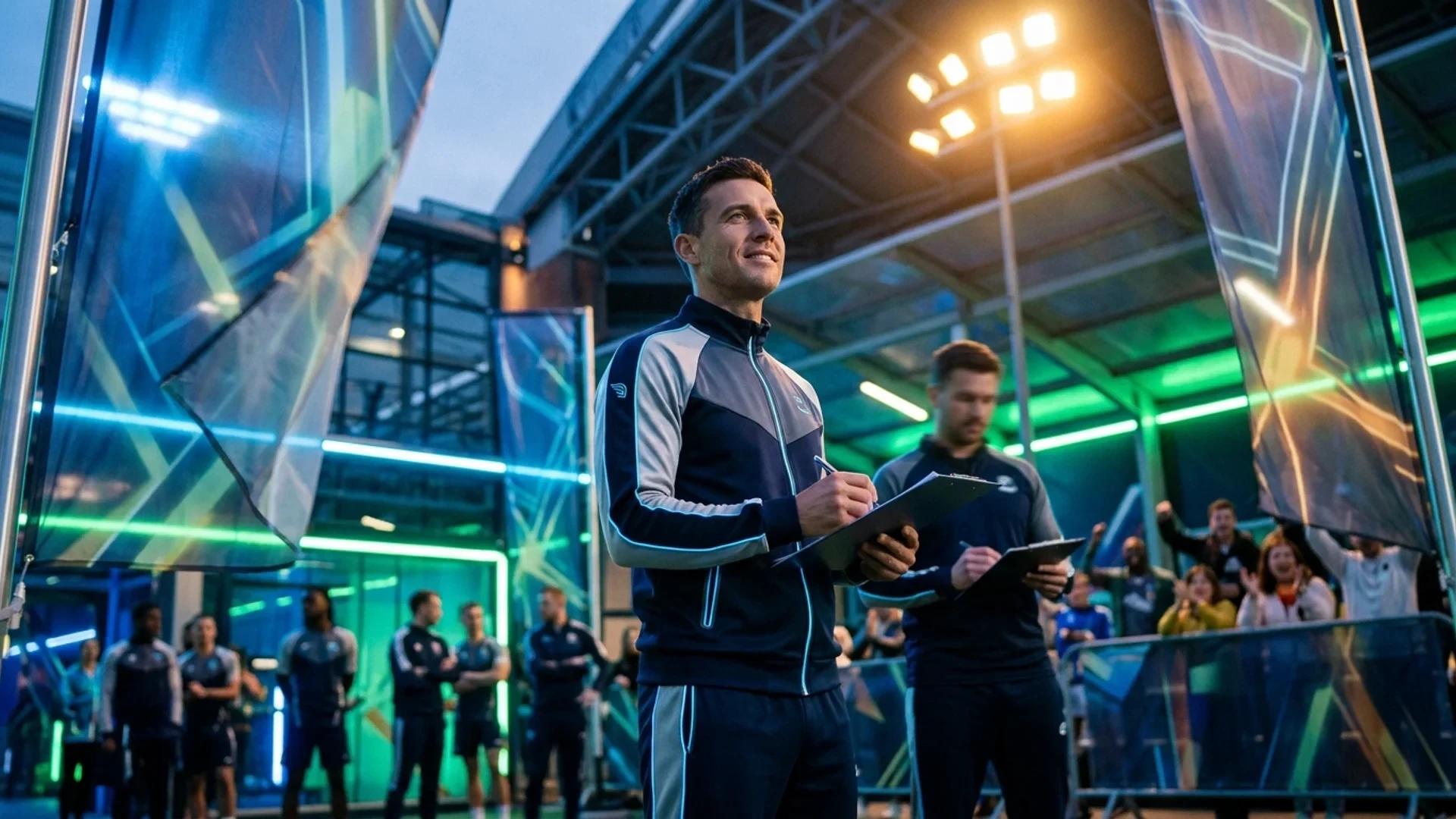 Rasmus Holten stands in a dynamic sports facility, with neon lighting and layered foreground elements.