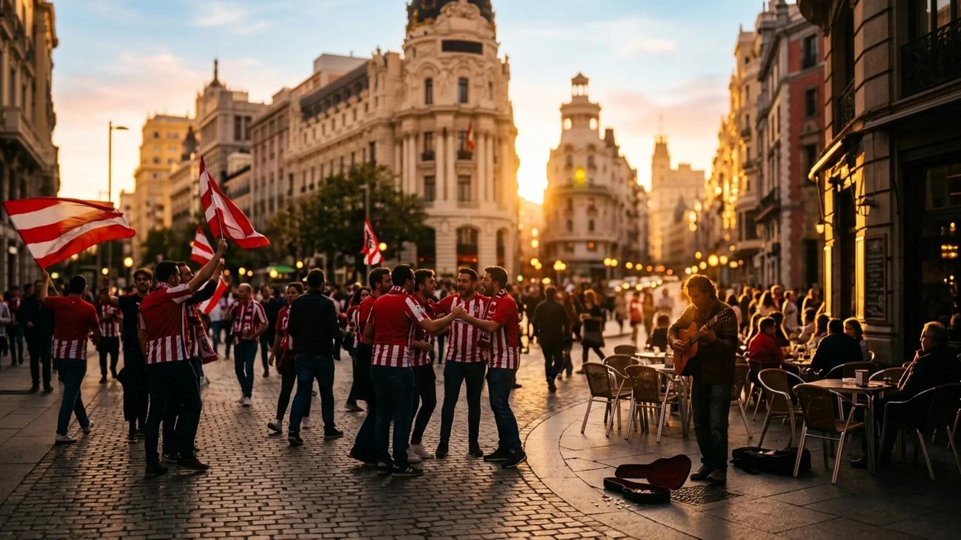 A wide shot of Atlético Madrid fans celebrating in the street during golden hour.