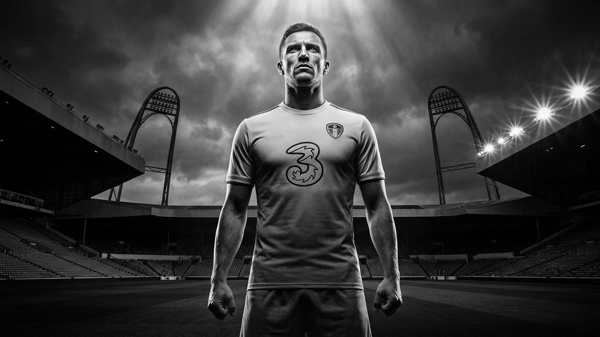 Tarik Muharemović stands in a low-angle view at Elland Road stadium, showcasing his height and strength.