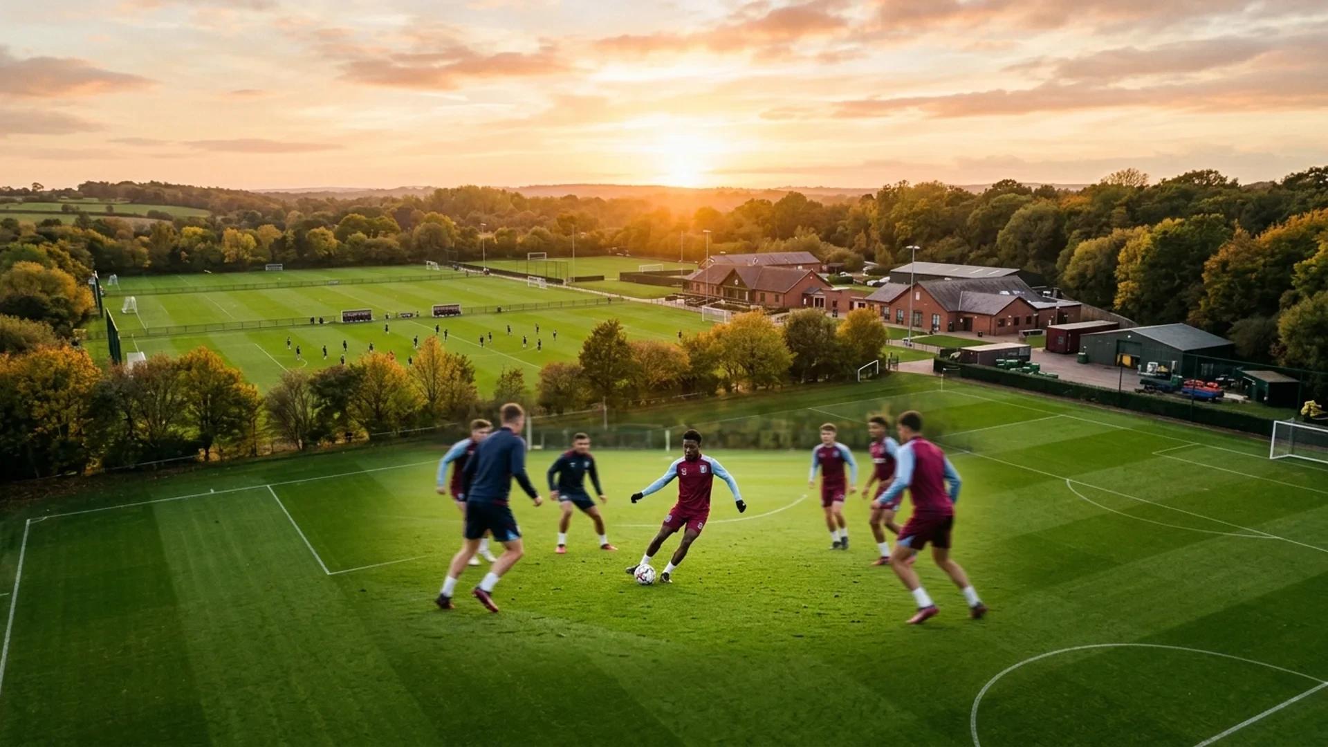 Aerial view of Aston Villa's training ground during golden hour with players training energetically.