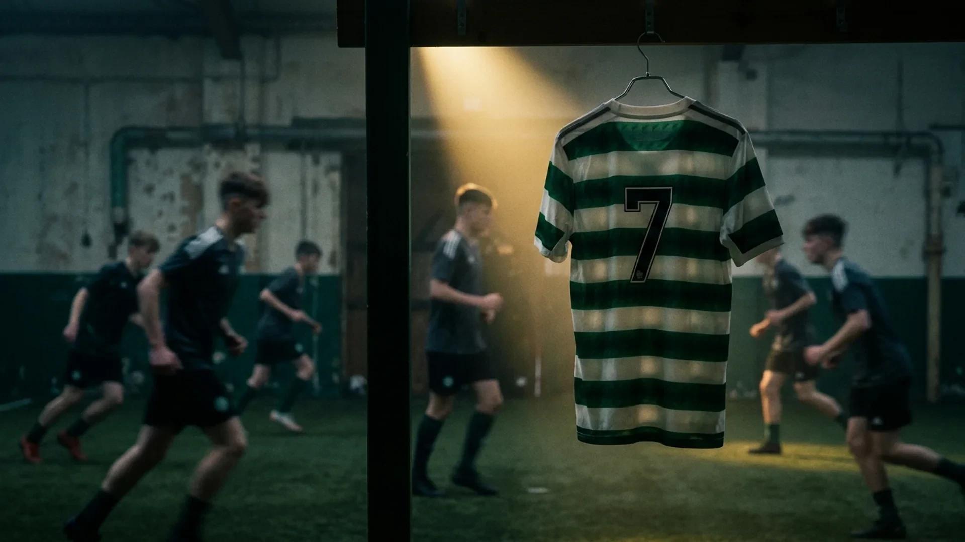 A Celtic jersey in a spotlight on a dark training ground with blurred players in the background.