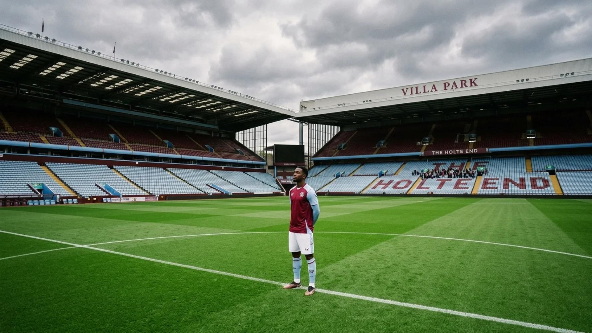 Johan Manzambi stands on the football field at Villa Park, with an overcast sky and empty stands in the background.