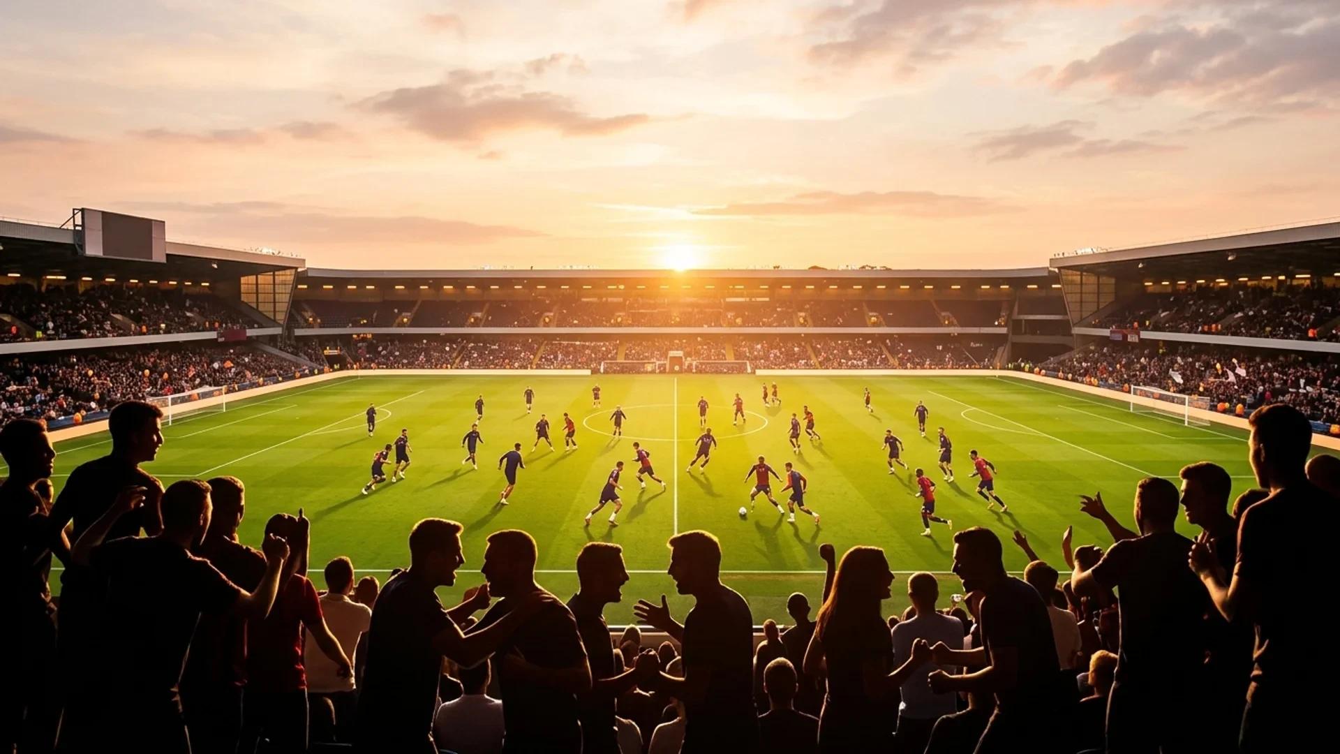 Wide shot of a football stadium during golden hour with fans and players engaging energetically.