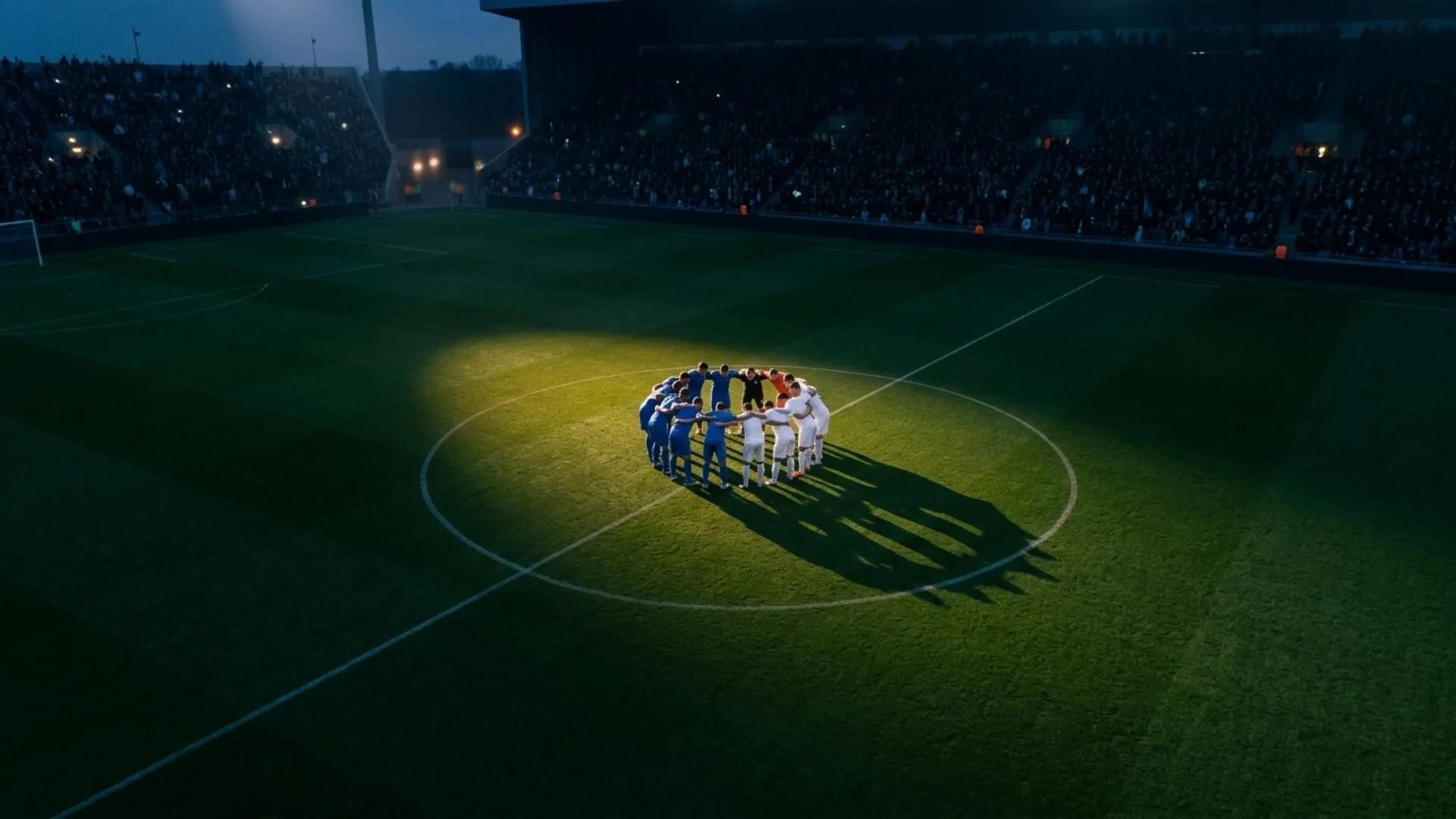 A top-down view of a football pitch with players from France and England illuminated by a spotlight.