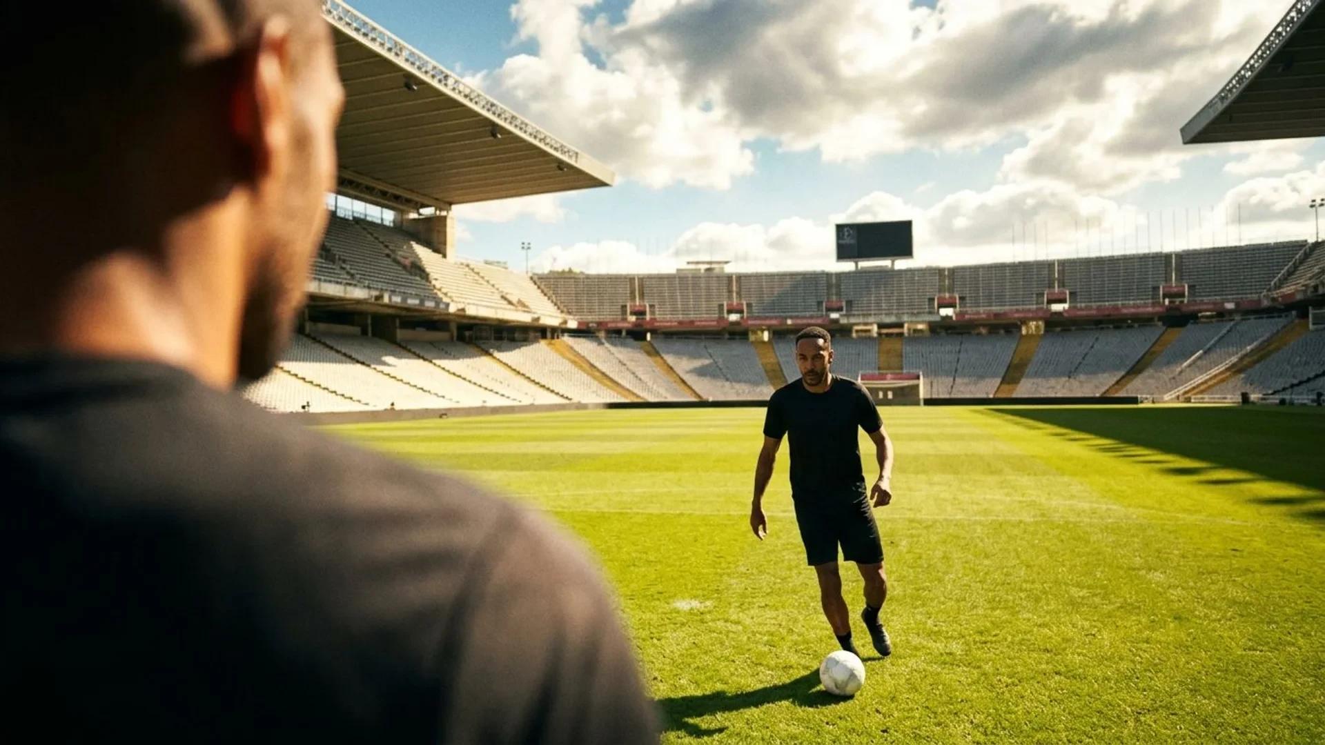 An over-the-shoulder view of a football player silhouetted against a bright stadium.