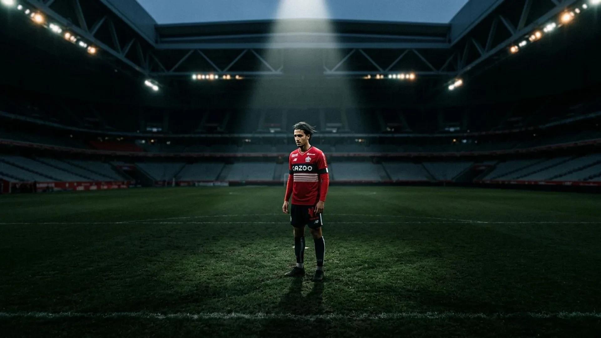Ayyoub Bouaddi illuminated by a spotlight on a dark football pitch.