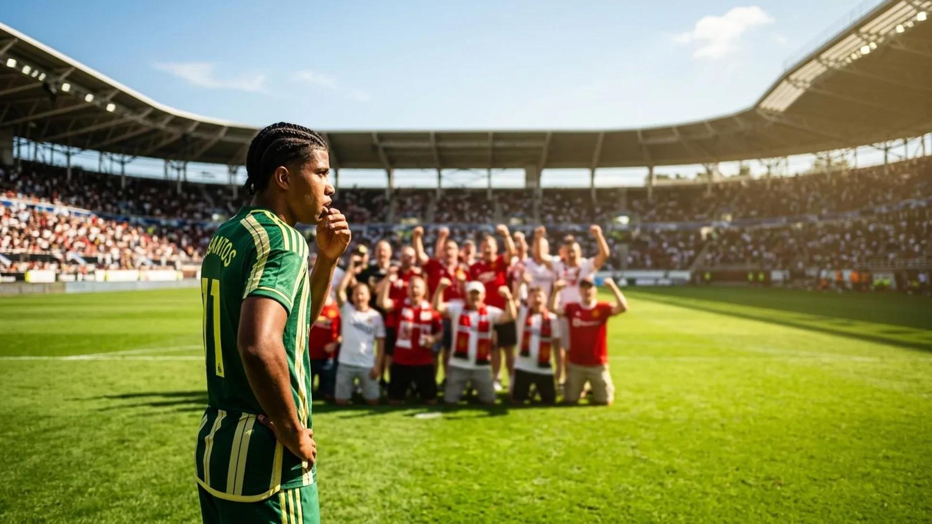 A focused shot of Andrey Santos in a bright stadium, with enthusiastic fans blurred in the background.