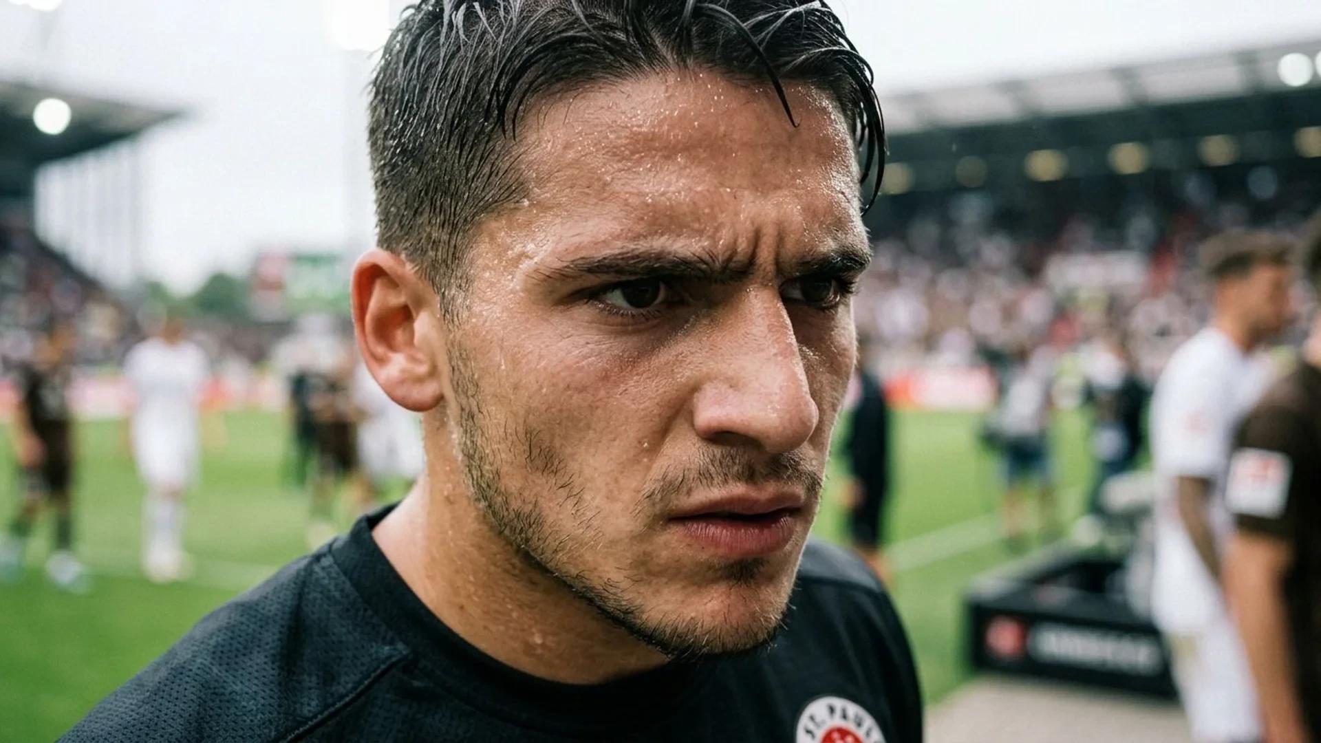 Close-up of a football player with intense expression in soft lighting.