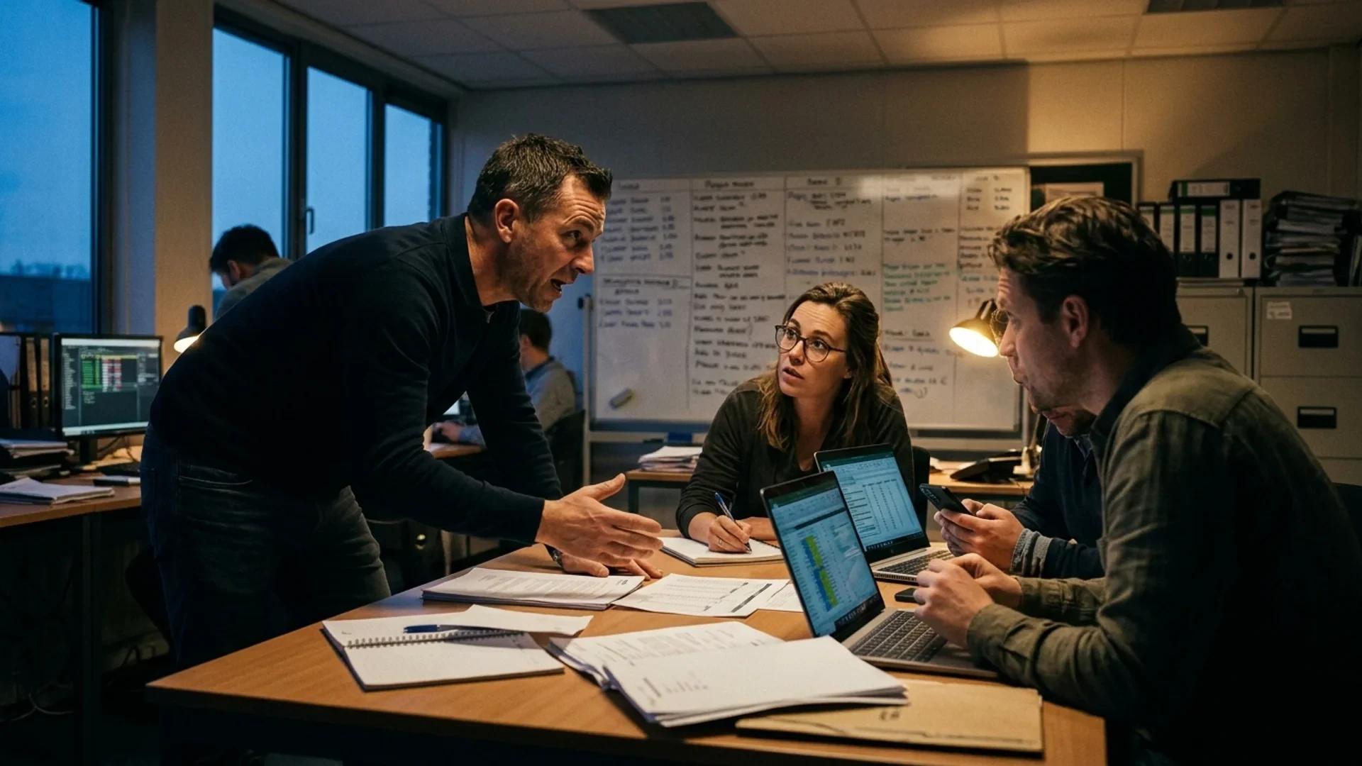 A close-up view of a sports office during dusk, showing staff in discussion over transfer reports.