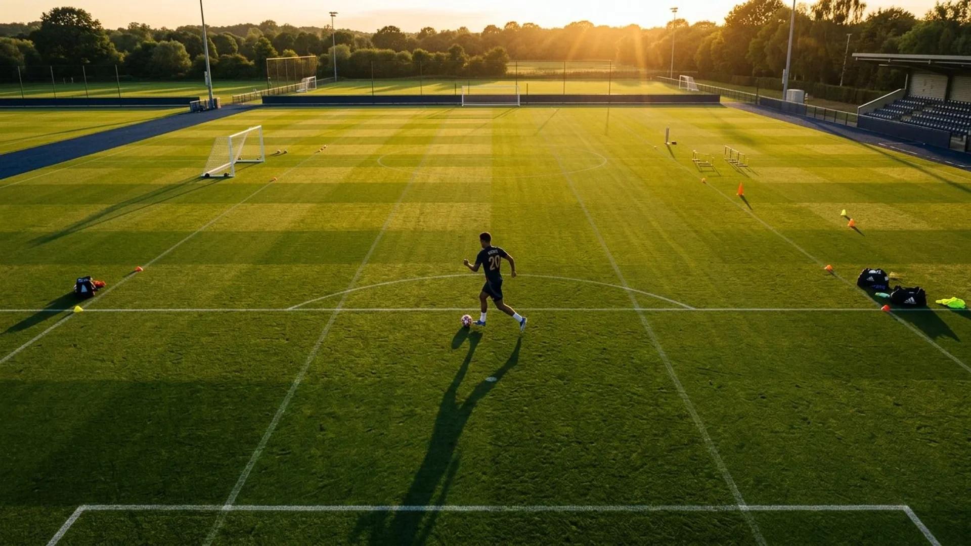 En spiller dribler en fotball på treningsbanen sett ovenfra i gyllen time.