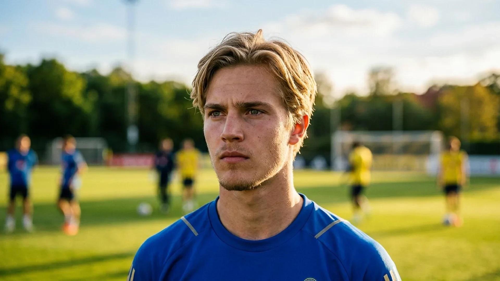 Close-up of a young football player with a focused expression on a training pitch.