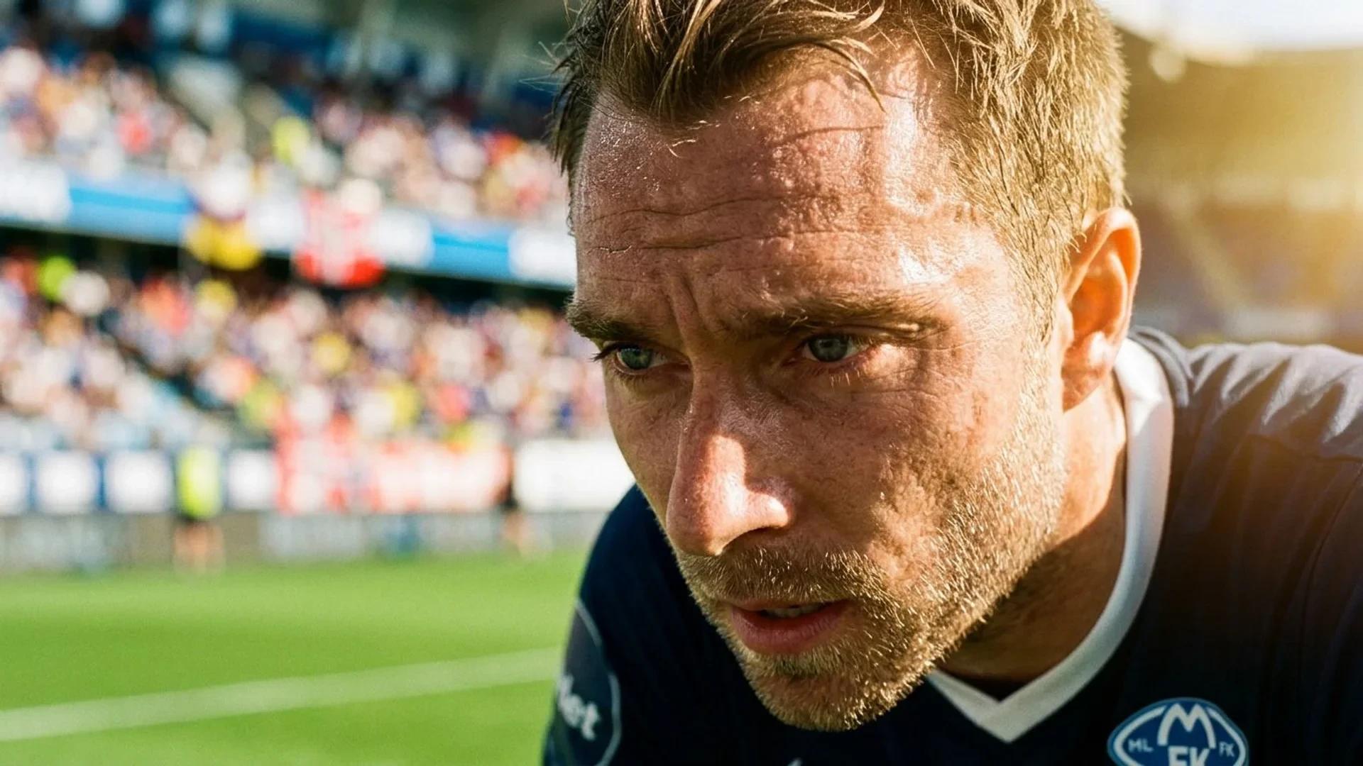 Close-up of a focused soccer player preparing for a game in harsh sunlight.