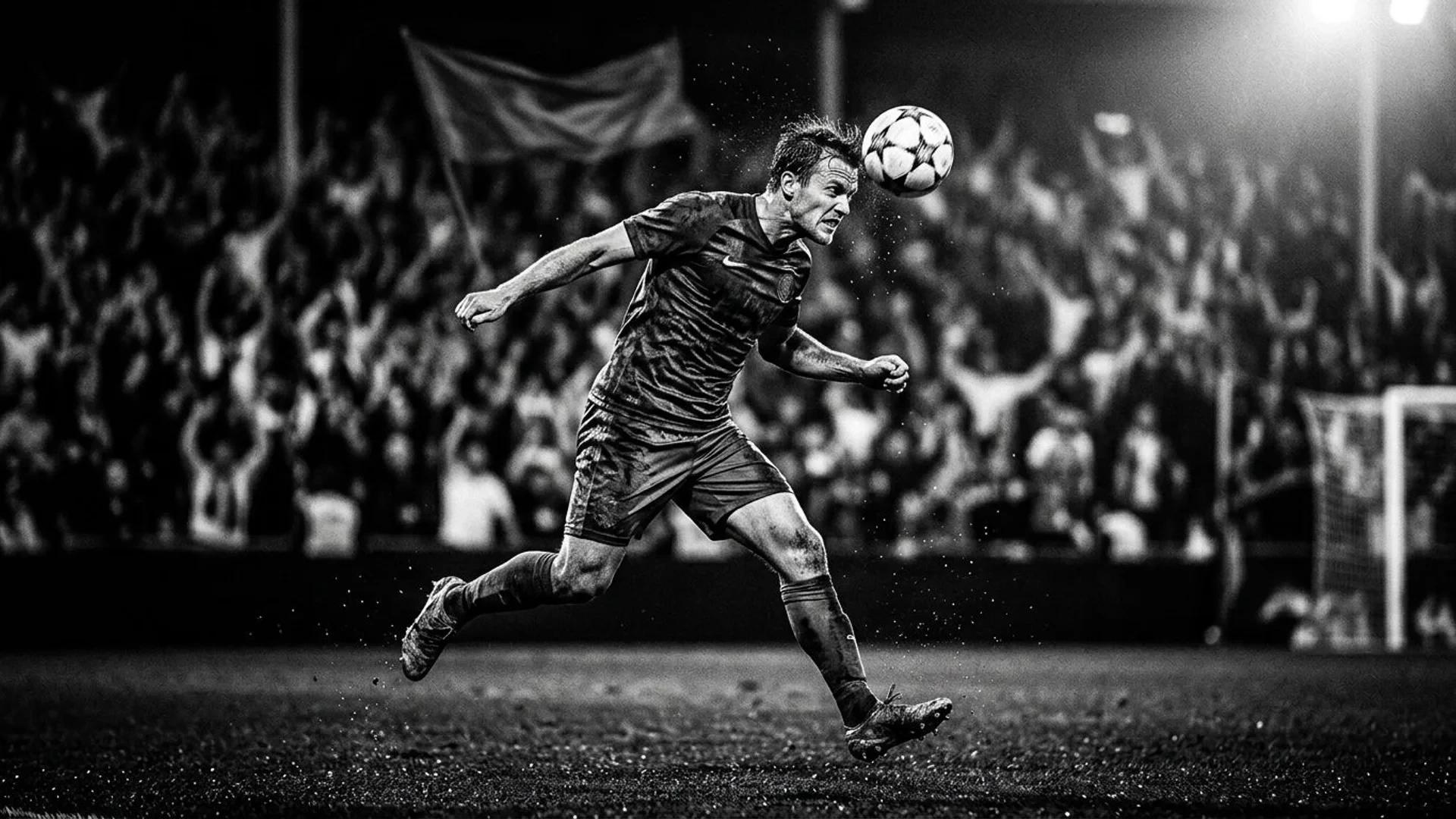 Heine Åsen Larsen heading the ball in an intense football match.