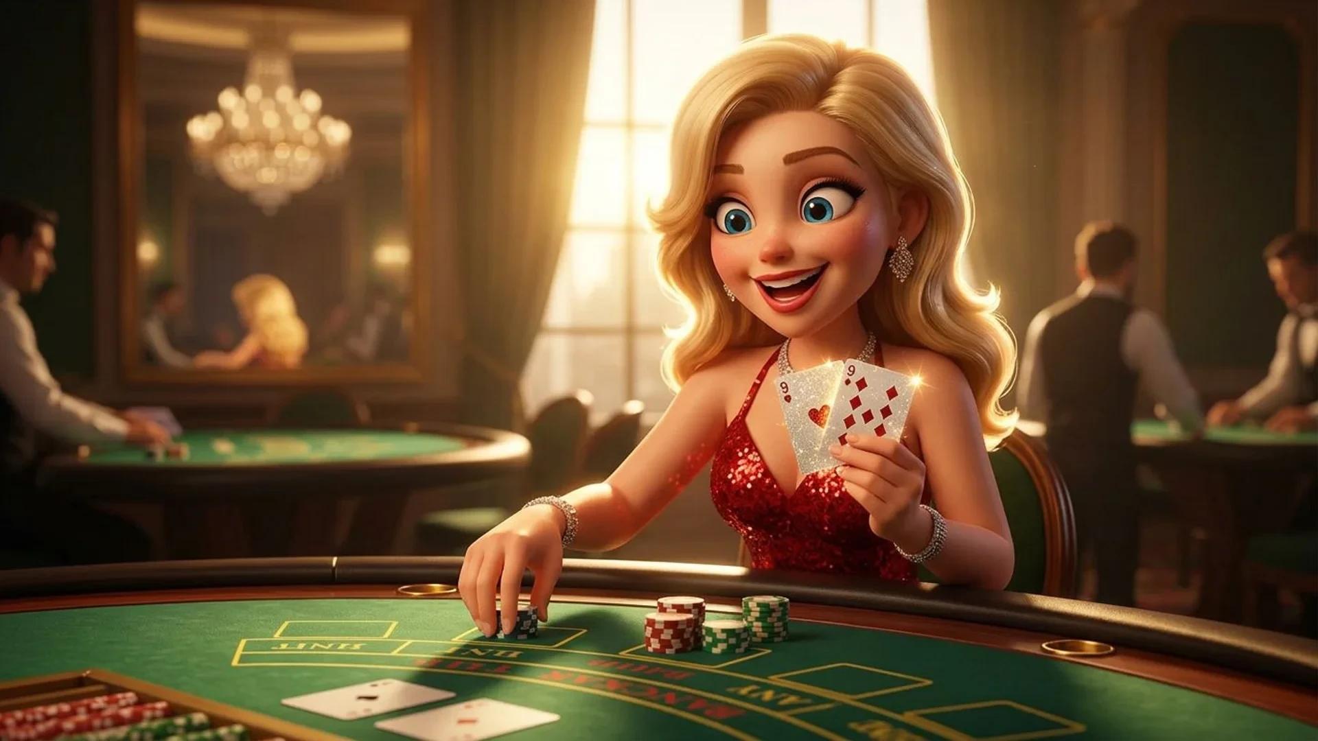 A colorful NordicSpins mascot engaging with a Baccarat game table in a warm, golden-lit casino environment.