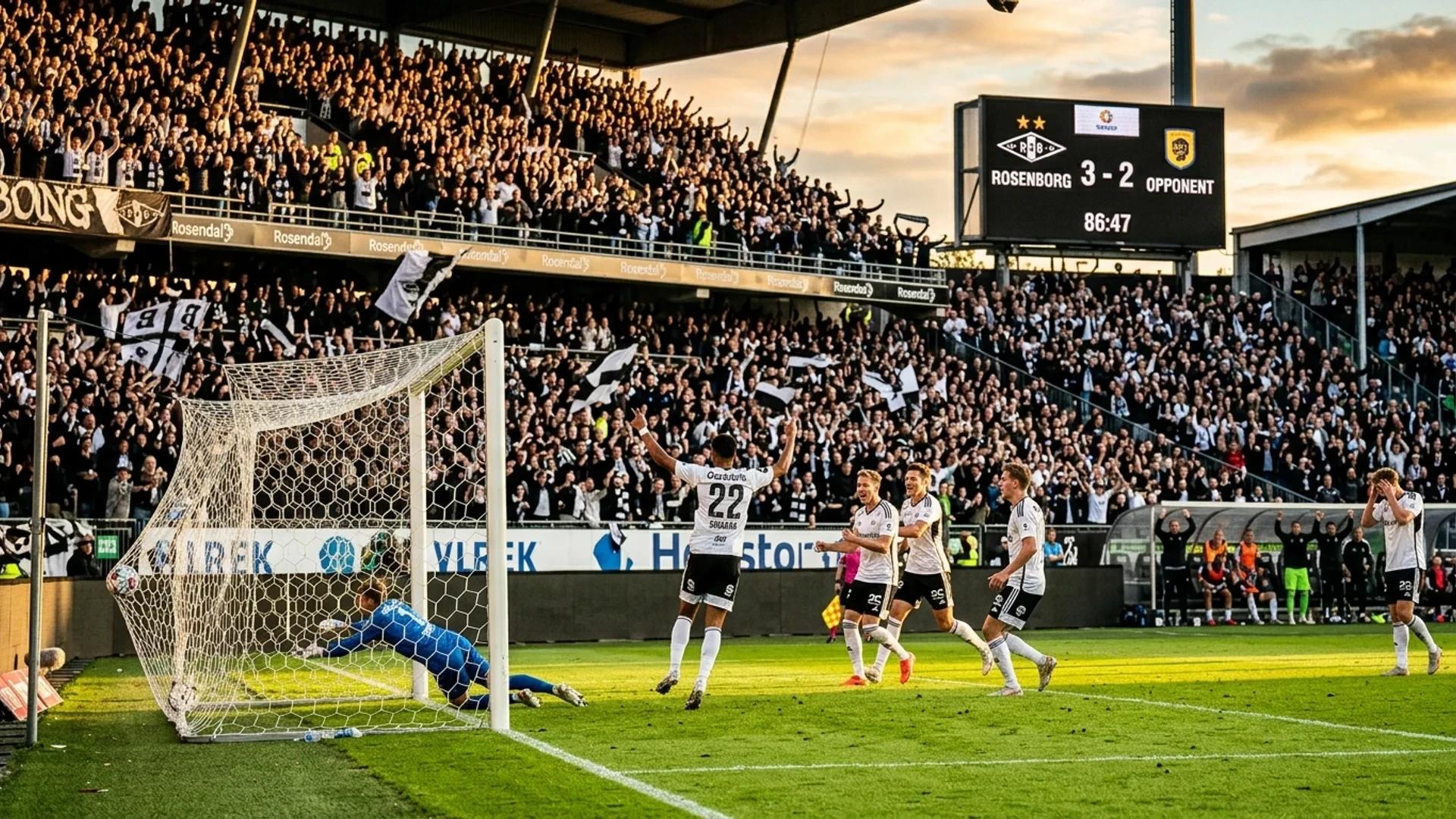 En vidvinkelvisning av et fotballspill i en stadion, med fans som jubler og Rosenborgs Amin Chiakha scorer et mål.