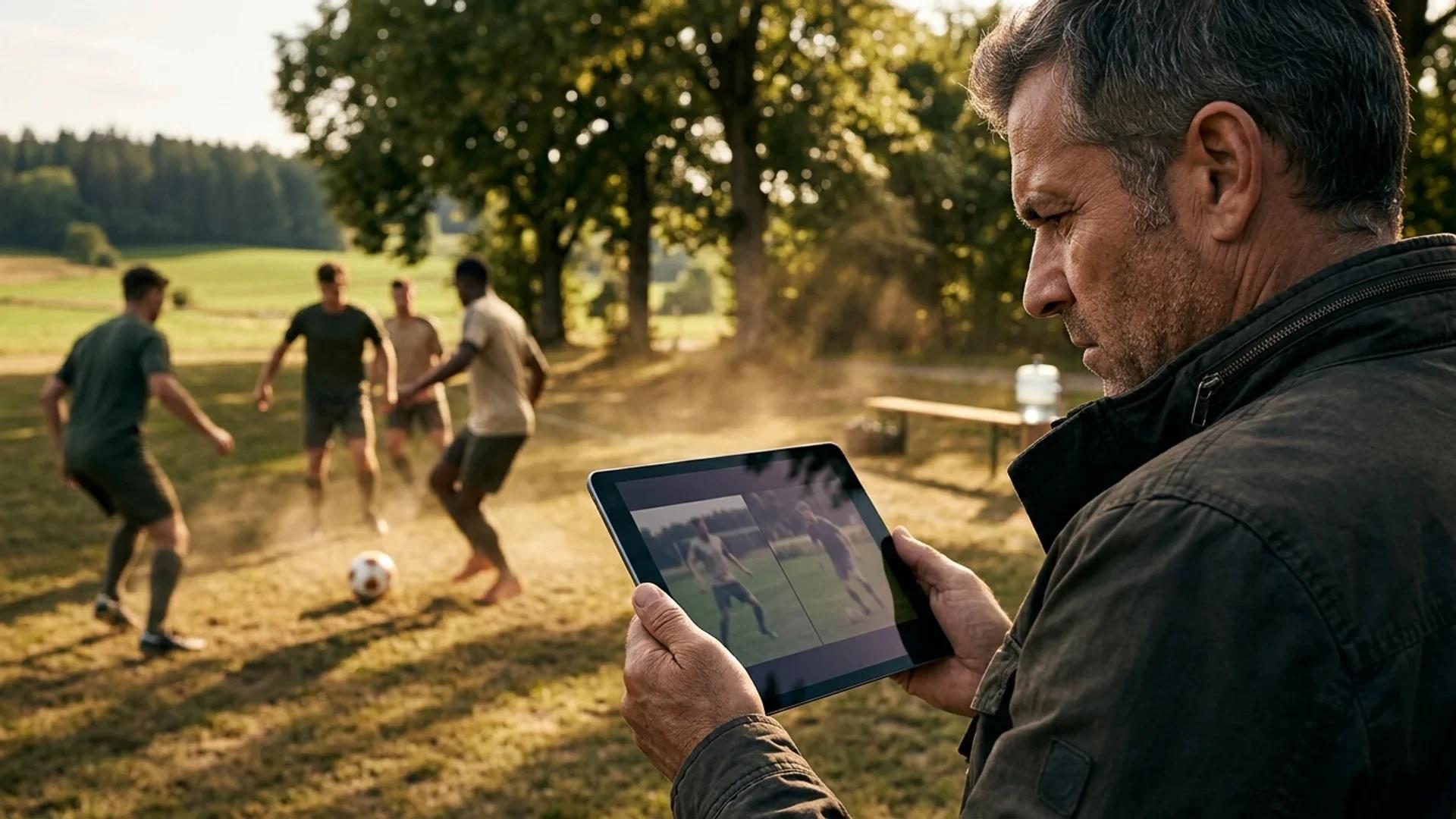 A football coach studying match footage on a tablet during a training session in Bavaria.