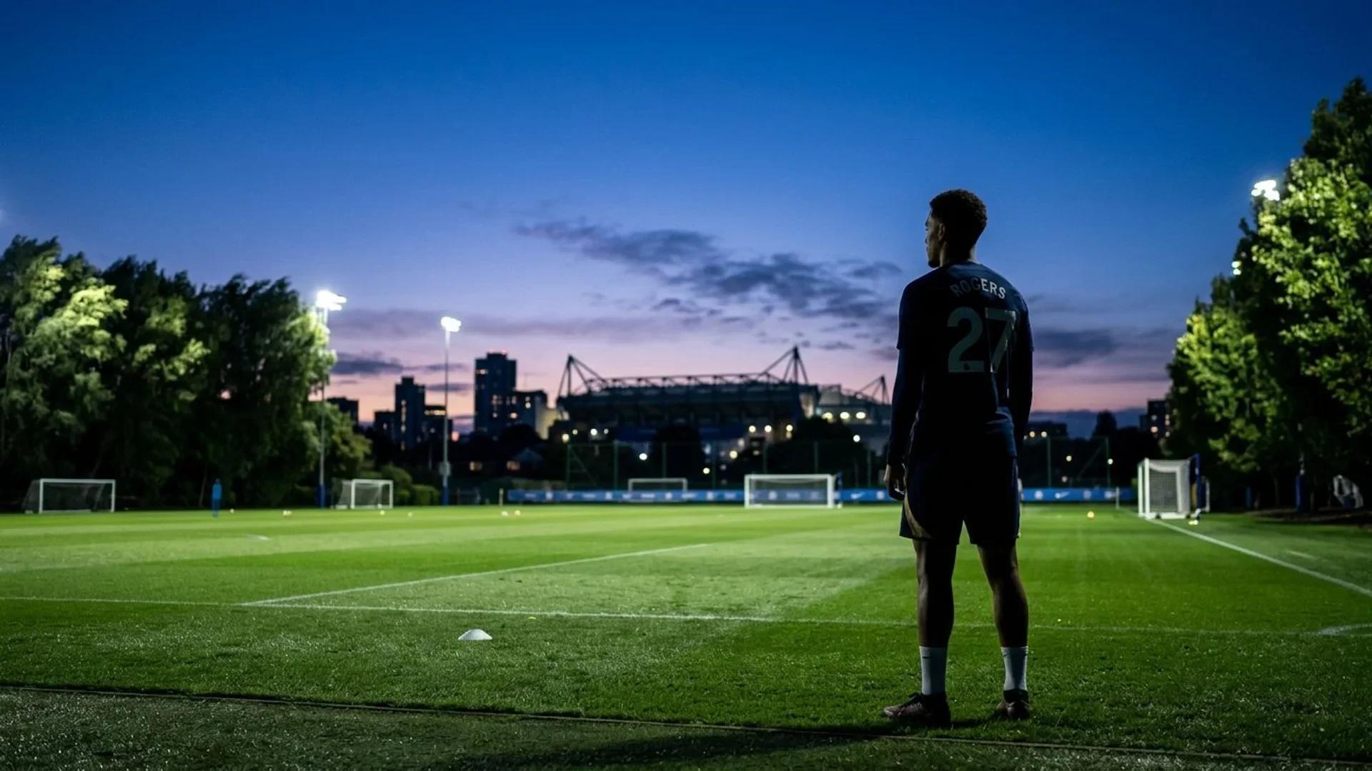 En profilbilde av Morgan Rogers med Stamford Bridge i bakgrunnen under blå timen.