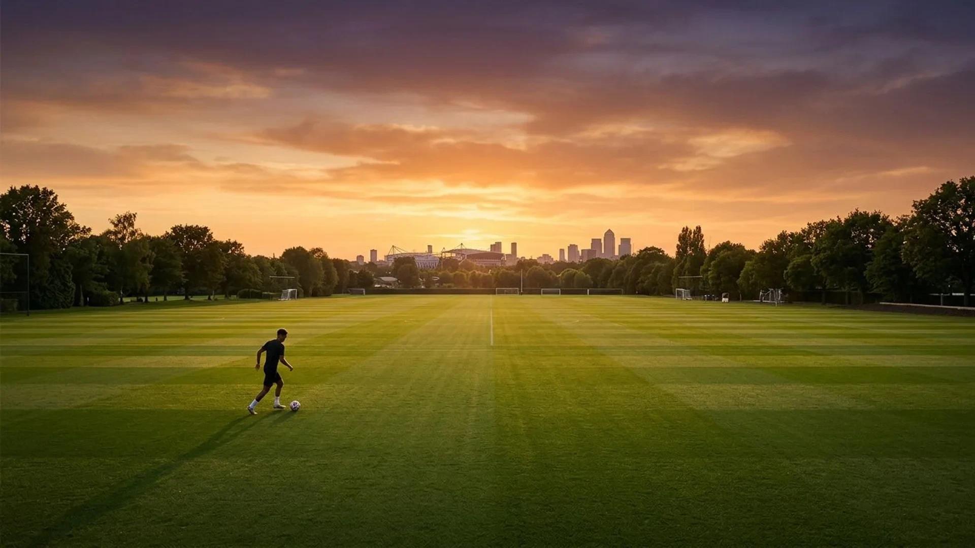En enslig fotballspiller øver på ferdigheter på en treningsbane under solnedgang.