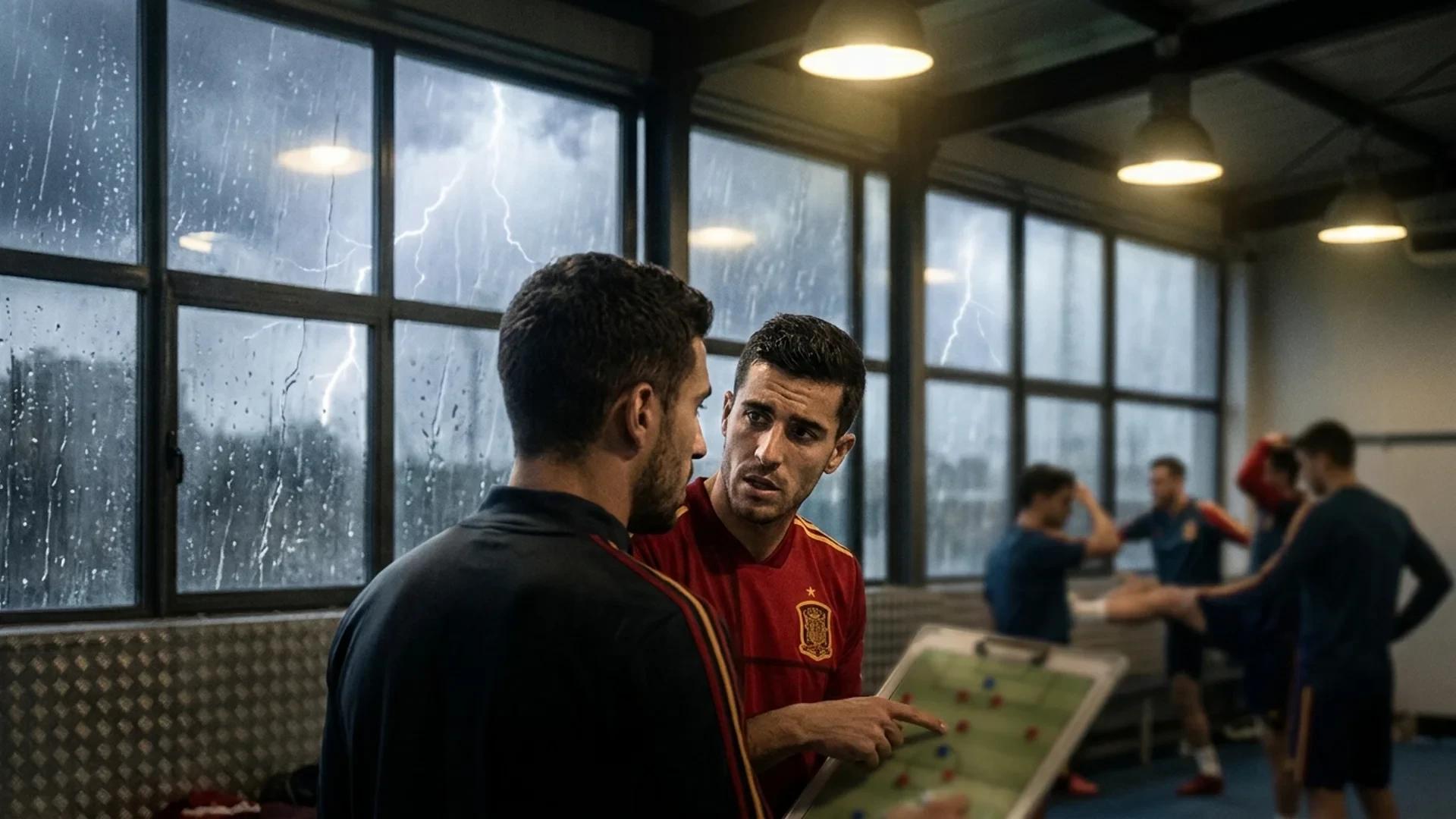 Spanske fotballspillere diskuterer strategier innendørs før VM-finalen, med storm ute.