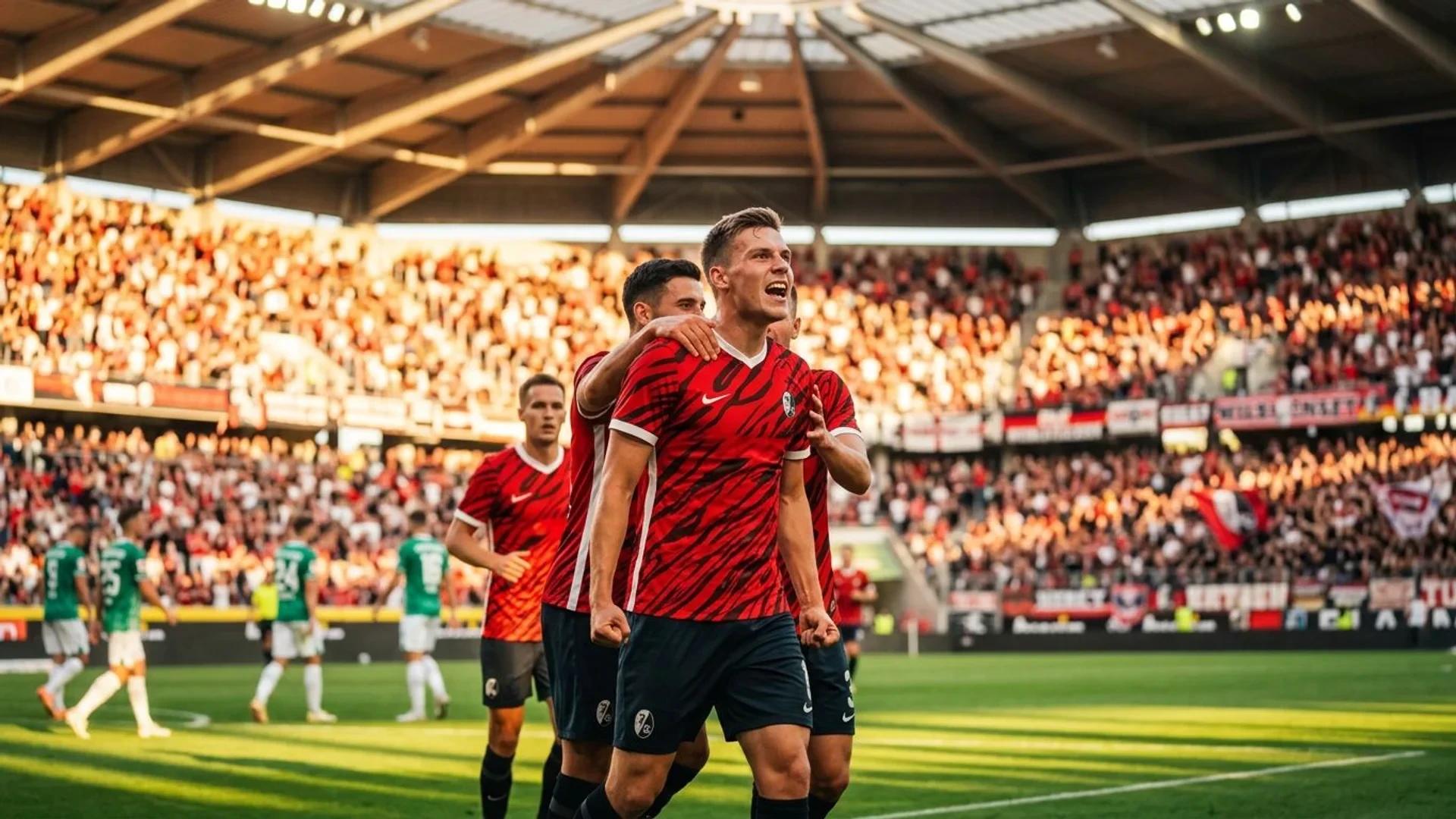 Action-packed football scene during a pre-season match showing players in celebration.
