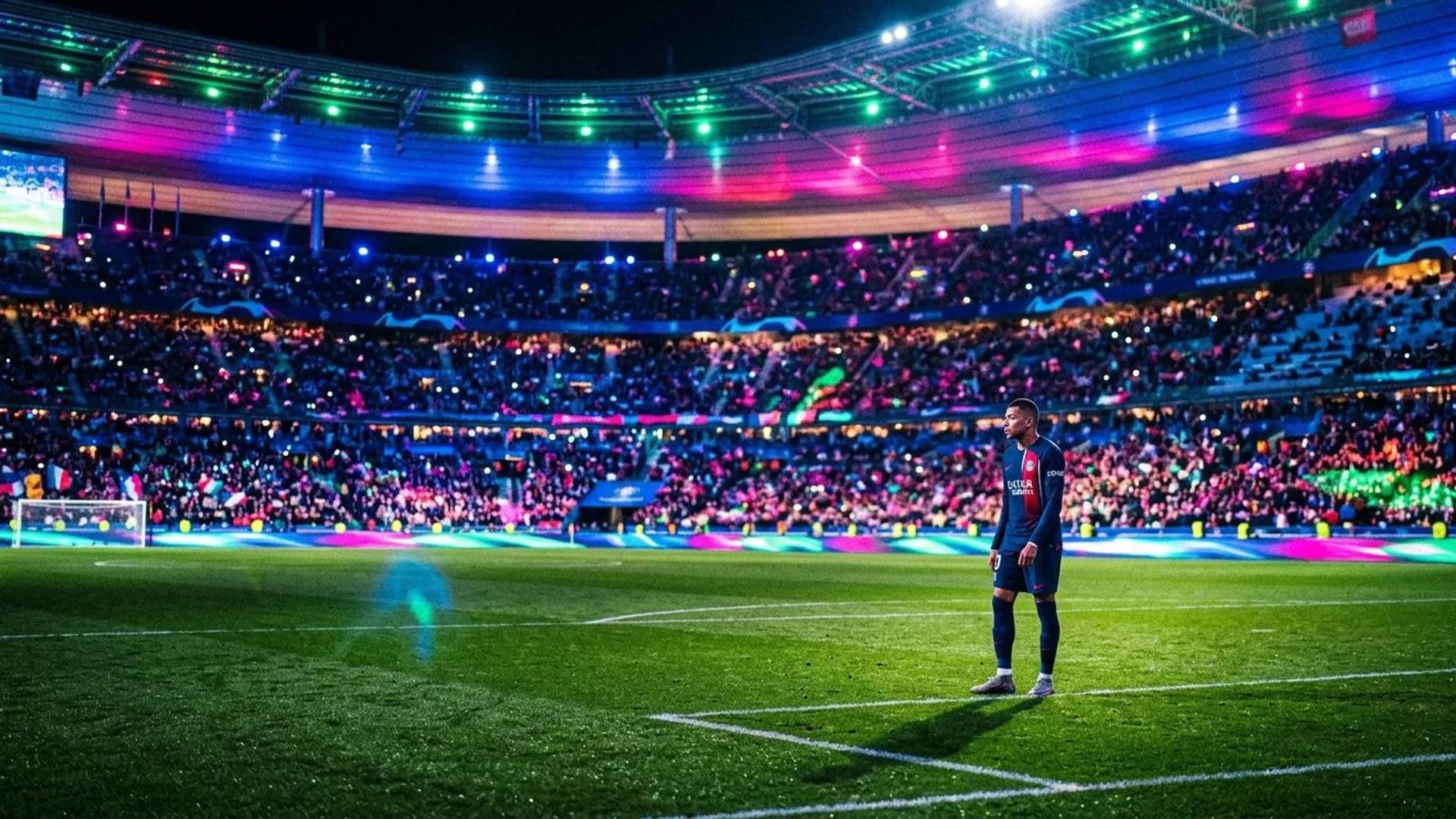 Kylian Mbappé stands in a brightly lit stadium, reflecting on his tribute to Didier Deschamps.