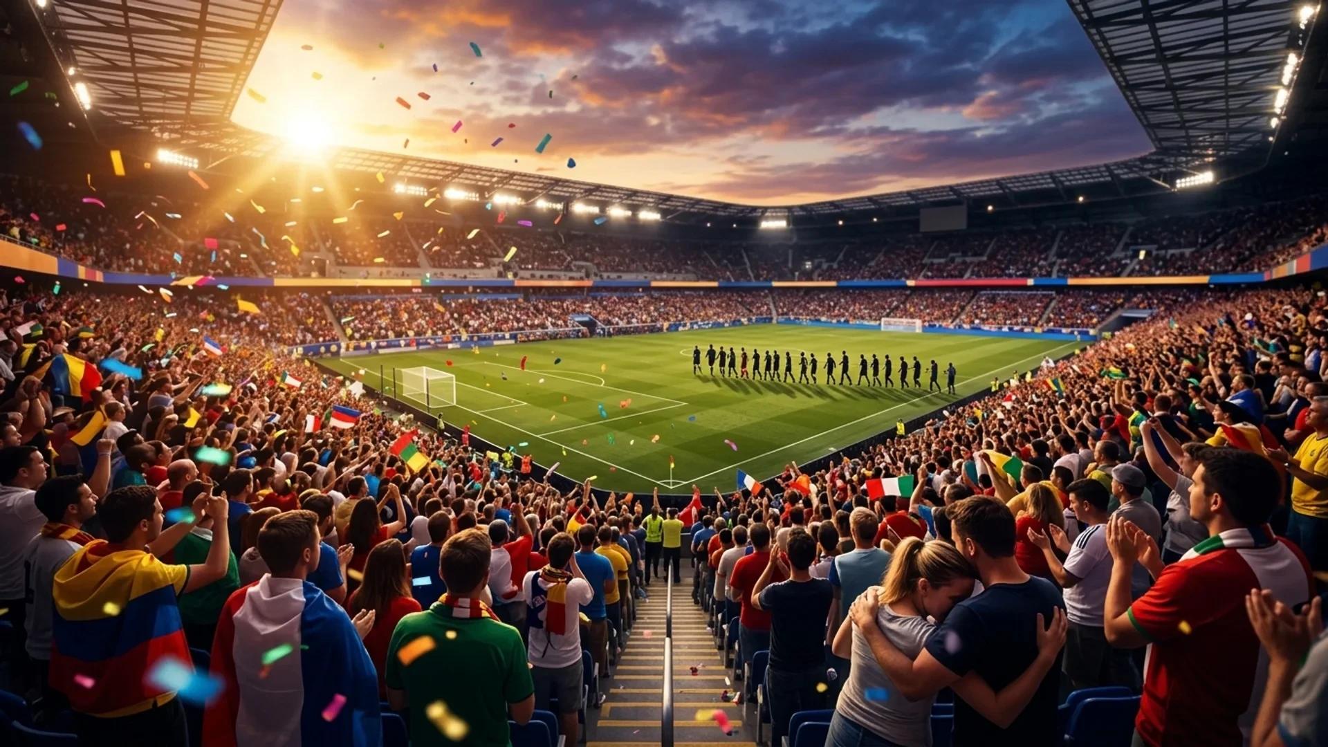 Wide shot of a stadium filled with fans post-match, capturing a mix of celebration and sentimentality.