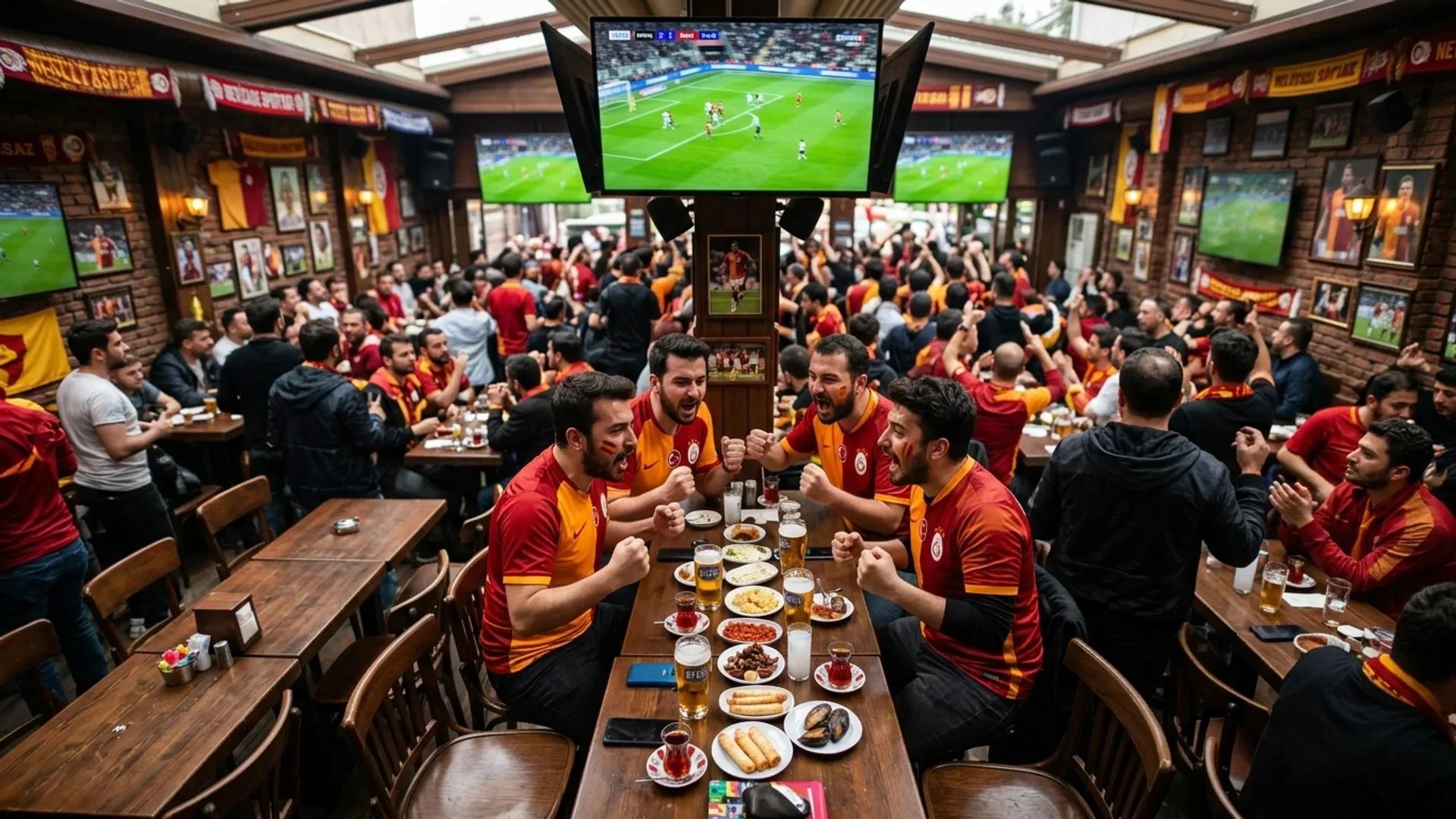 A bird's-eye view of fans in a sports bar, showing their excitement as they watch a football match.