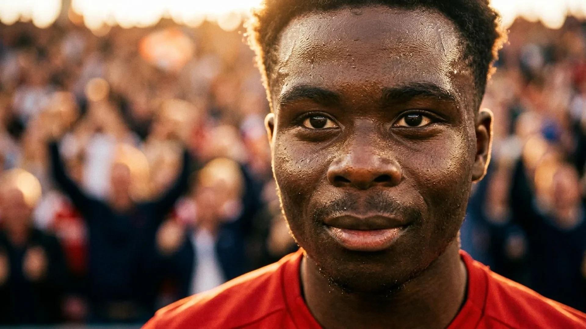 A close-up of Bukayo Saka's face showing determination and triumph during a football match.