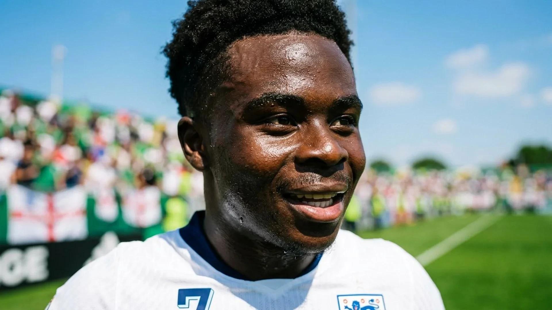 Close-up of Bukayo Saka's face showing determination and joy after a victory.