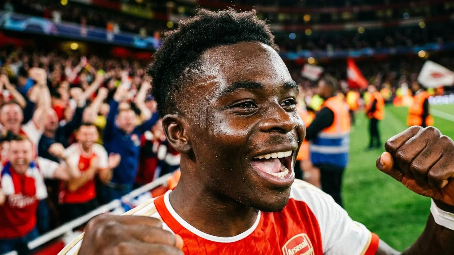 Close-up of Bukayo Saka celebrating his victory with a determined expression.
