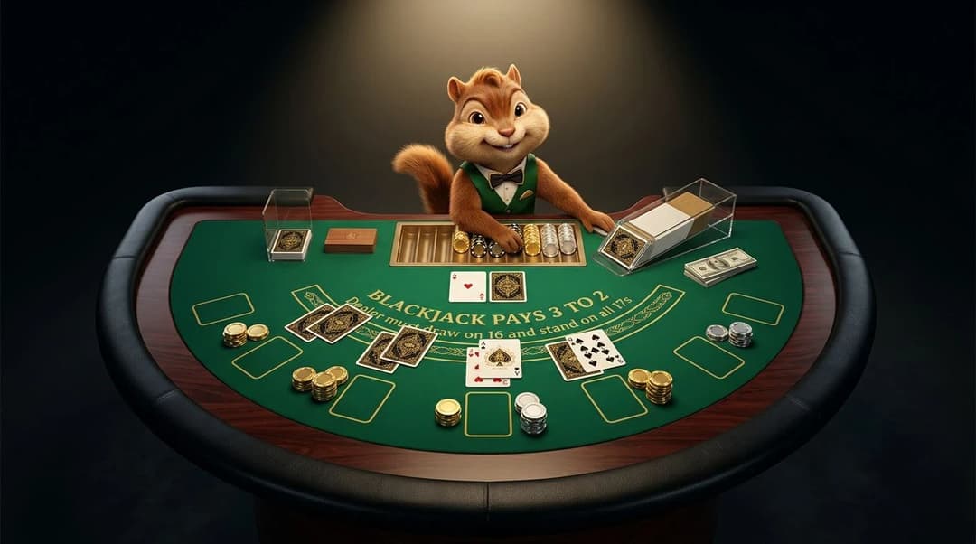 A top-down view of a casino table with a cartoon chipmunk mascot preparing for a blackjack game.