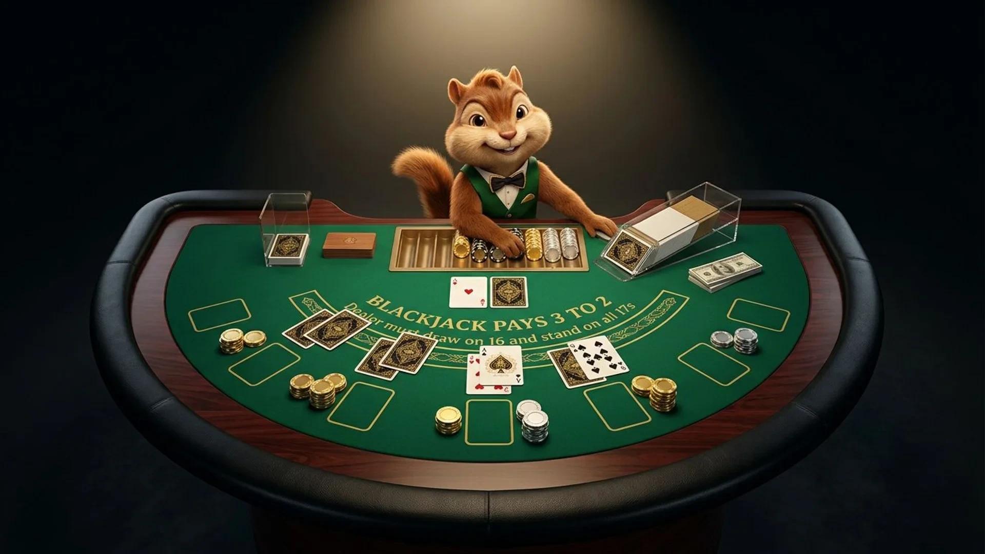 A top-down view of a casino table with a cartoon chipmunk mascot preparing for a blackjack game.