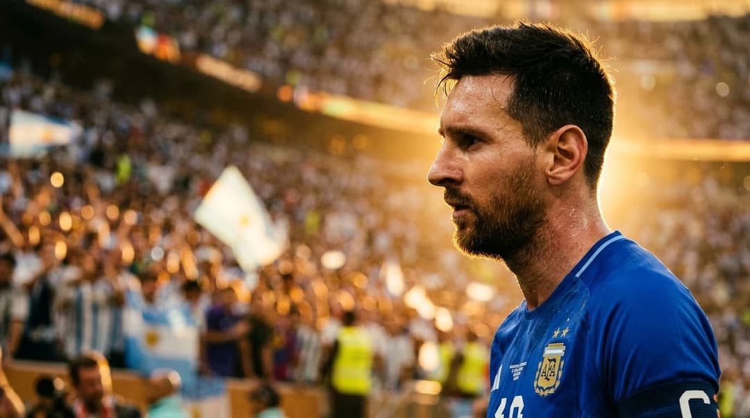 Close-up of Lionel Messi illuminated by golden-hour light, focusing on his determined expression.