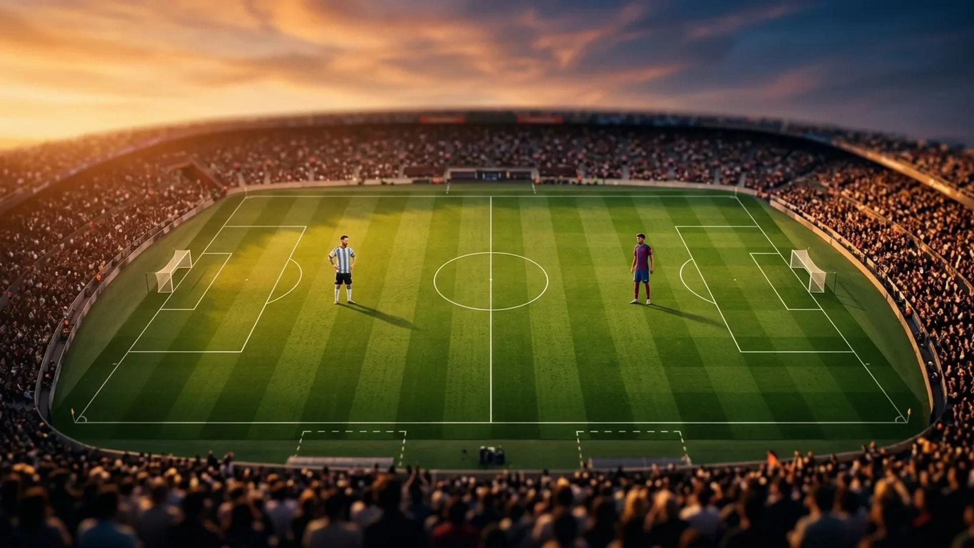Aerial view of a football pitch during golden hour, featuring Lionel Messi and Lamine Yamal poised for a match.